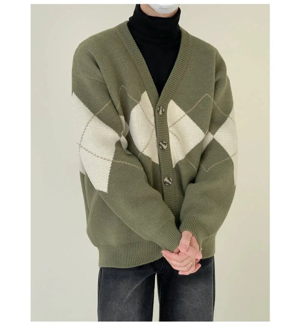 Green V-neck Argyle Cardigan Sweater