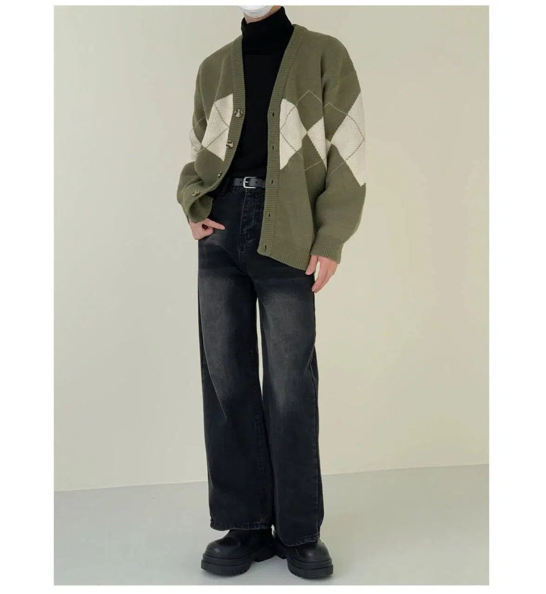 Green V-neck Argyle Cardigan Sweater