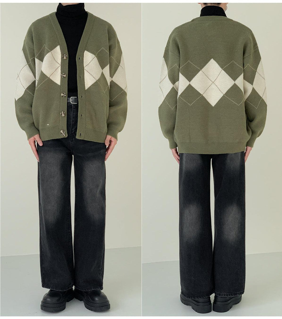 Green V-neck Argyle Cardigan Sweater