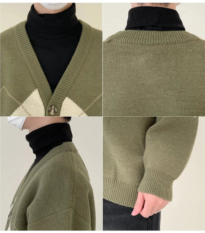 Green V-neck Argyle Cardigan Sweater