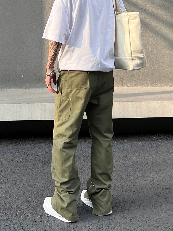 Green Zipper Cargo Flared Pants