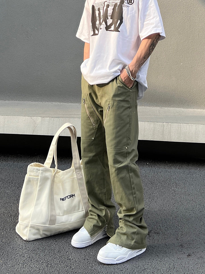 Green Zipper Cargo Flared Pants