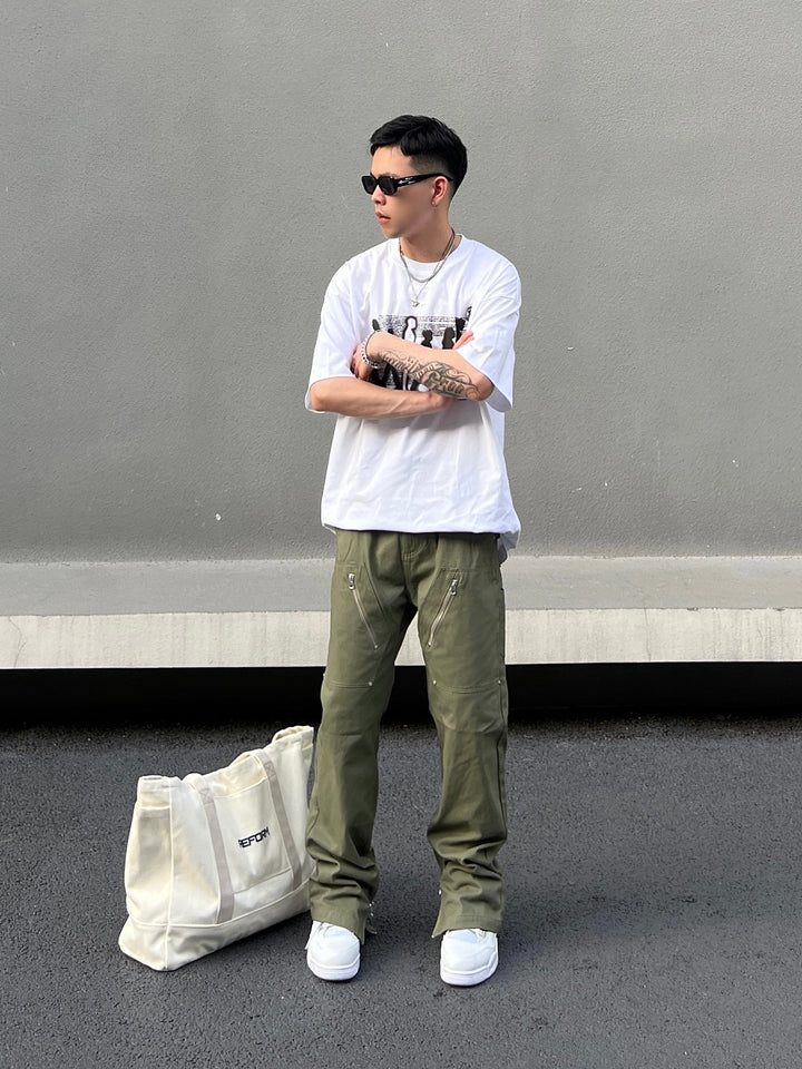 Green Zipper Cargo Flared Pants
