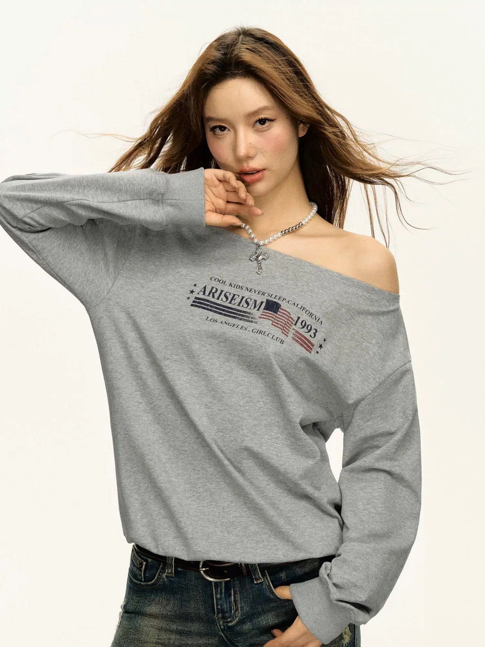 Grey off-the-shoulder T-shirt
