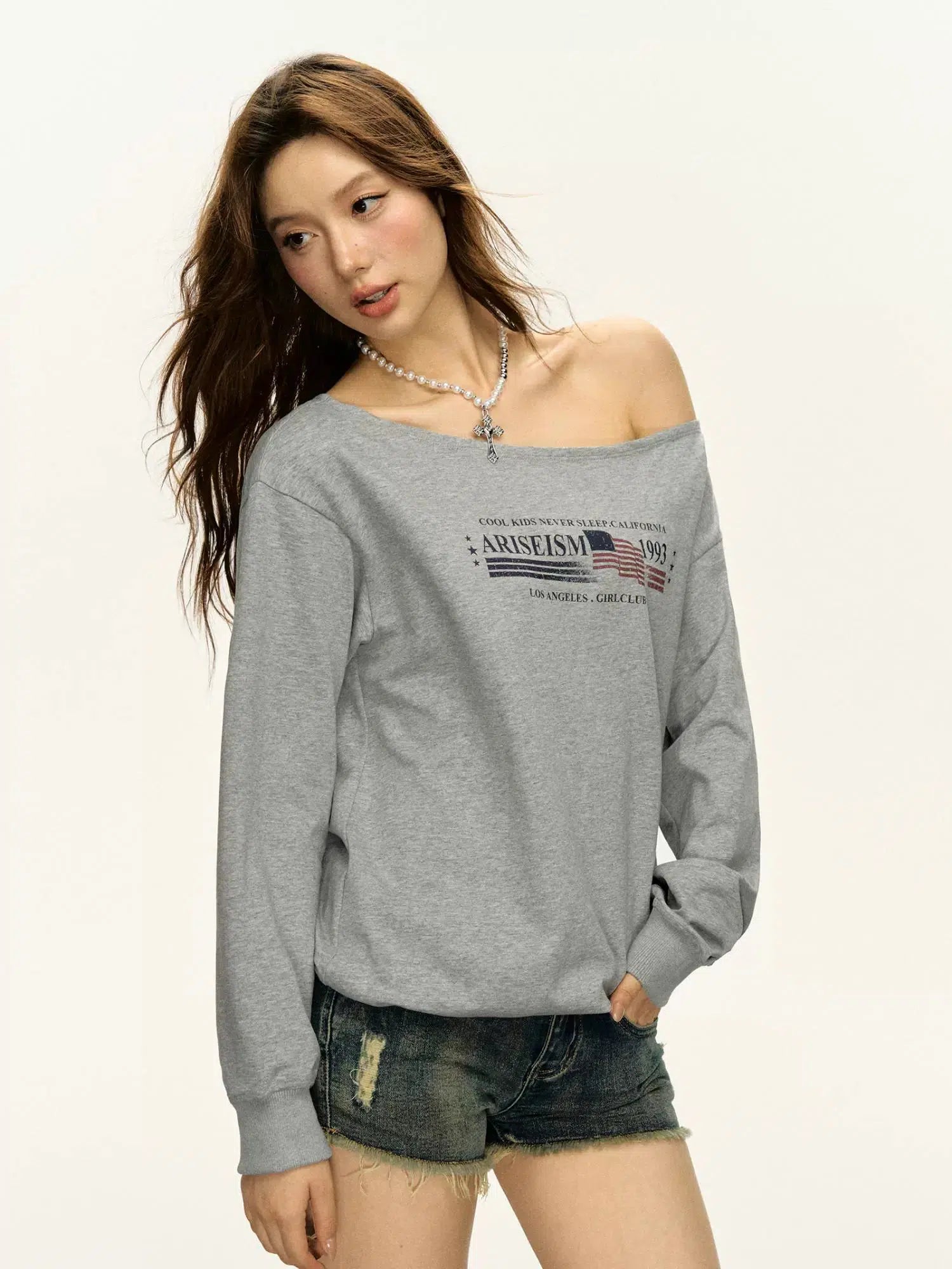 Grey off-the-shoulder T-shirt