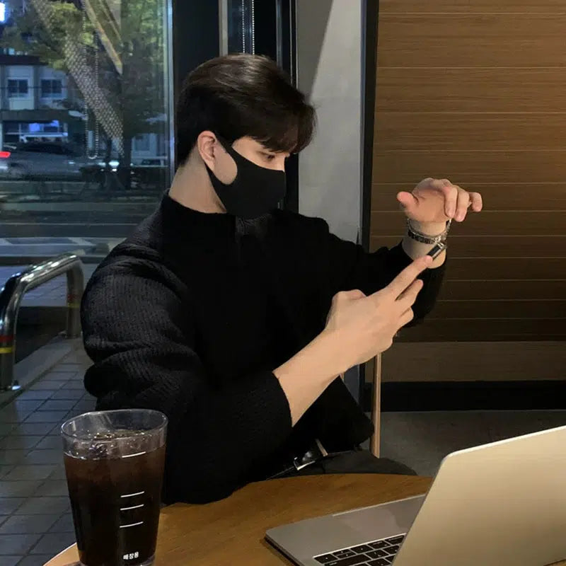 Half-Turtleneck Pleated Stretch Sweater