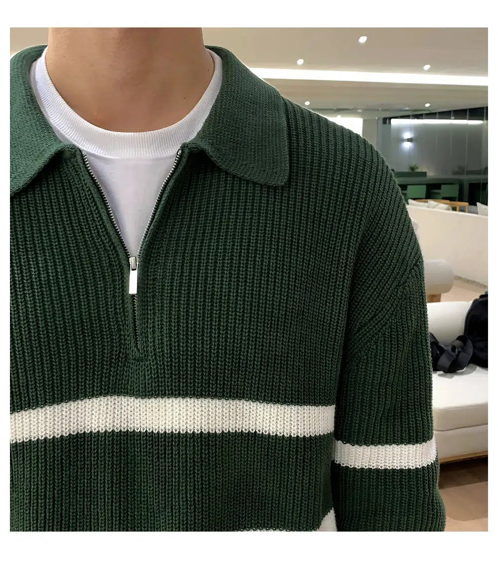 Half-zip Lapel Striped Sweater