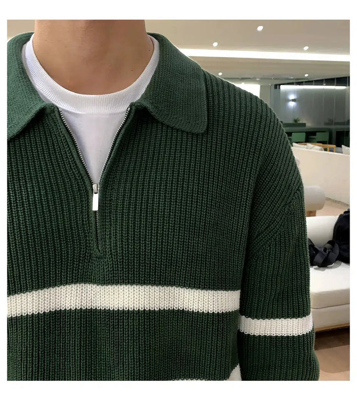 Half-zip Lapel Striped Sweater