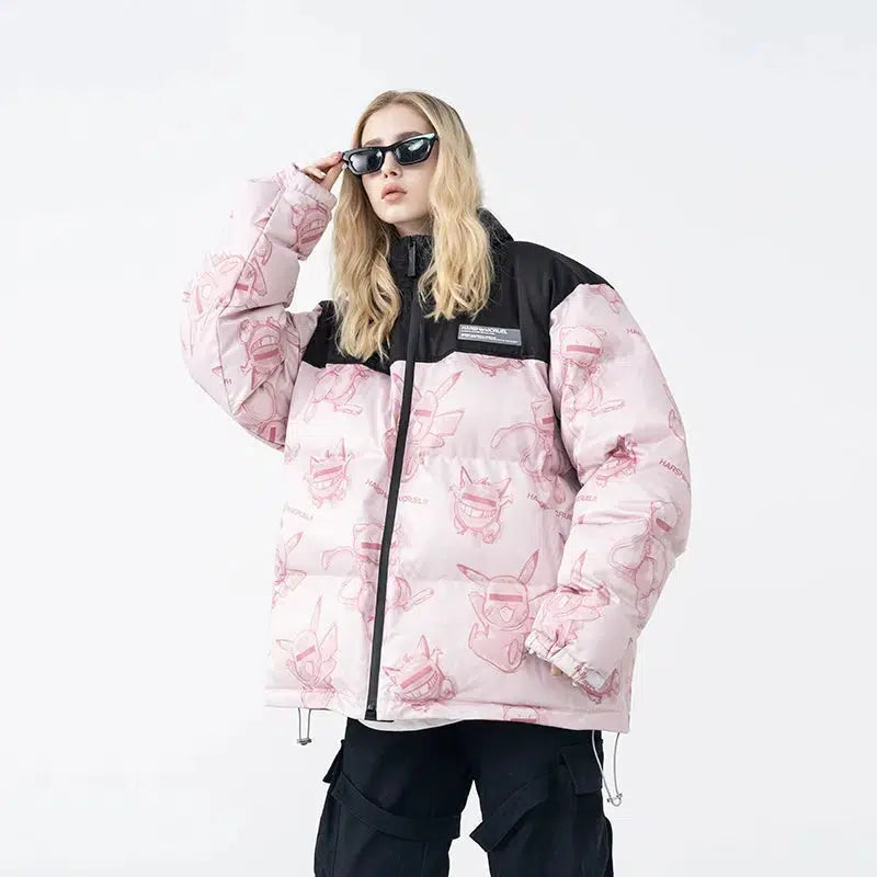 Hand-Painted Insulated Jacket with Stand Collar