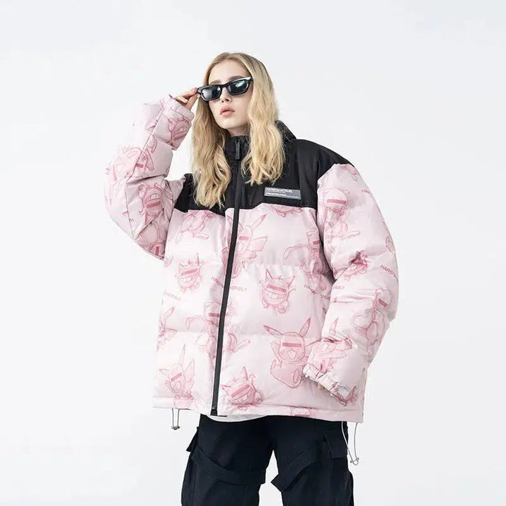 Hand-Painted Insulated Jacket with Stand Collar