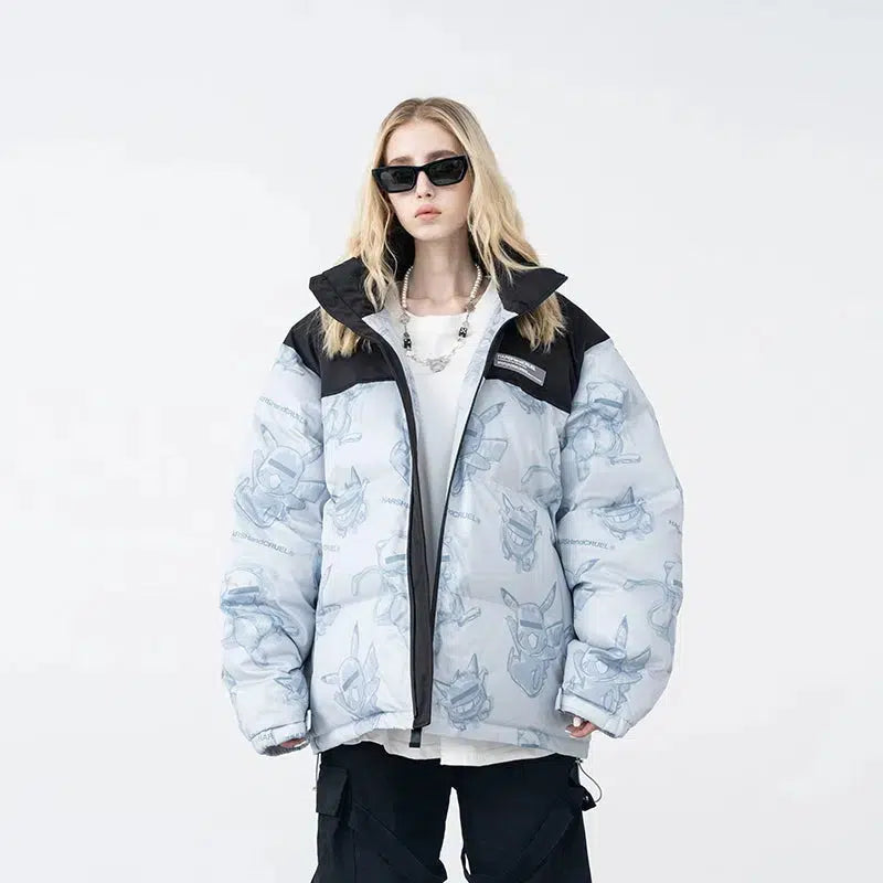Hand-Painted Insulated Jacket with Stand Collar