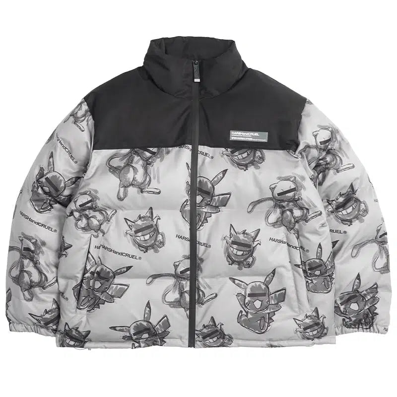 Hand-Painted Insulated Jacket with Stand Collar