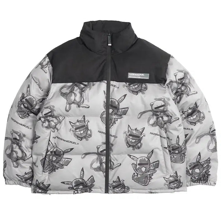 Hand-Painted Insulated Jacket with Stand Collar