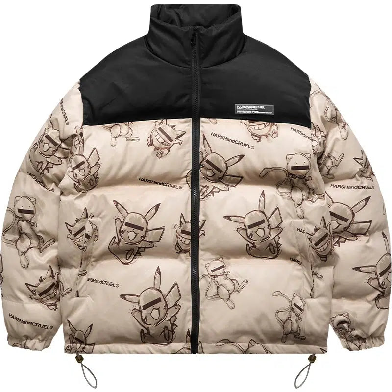 Hand-Painted Insulated Jacket with Stand Collar