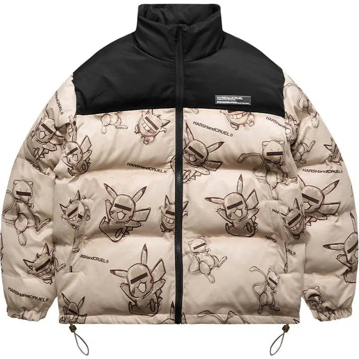 Hand-Painted Insulated Jacket with Stand Collar