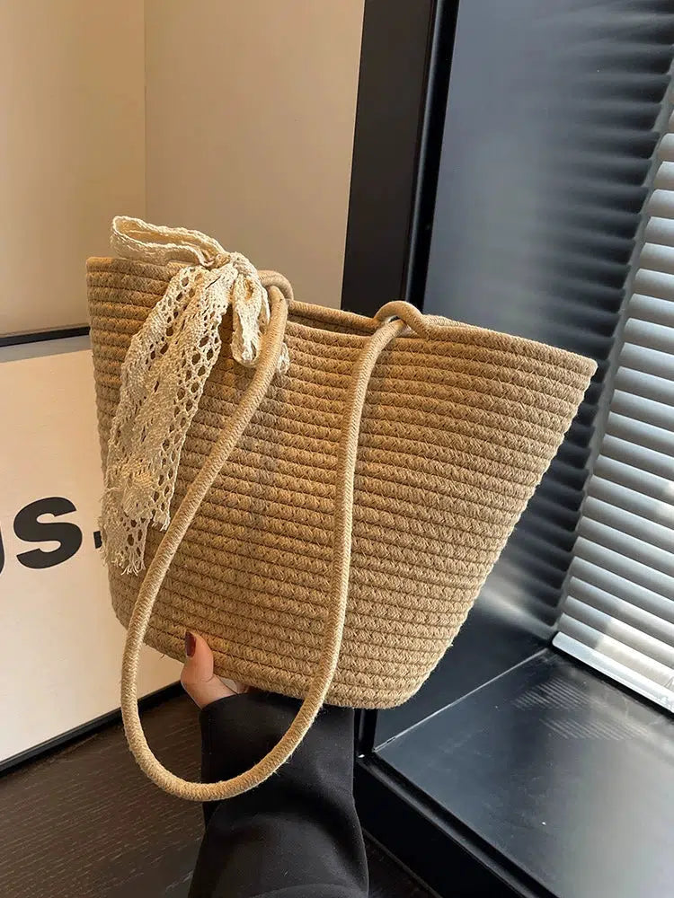 Handwoven Ribbon Accent Tote Bag