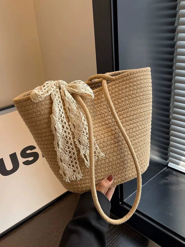 Handwoven Ribbon Accent Tote Bag