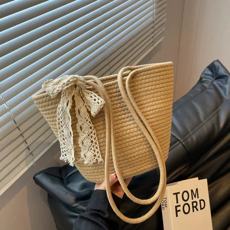 Handwoven Ribbon Accent Tote Bag