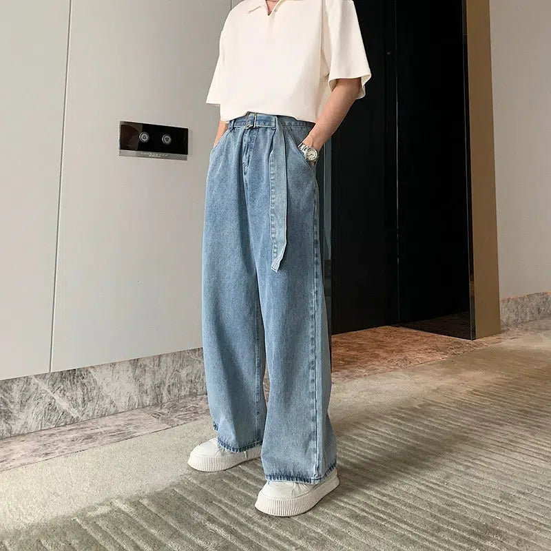 High Waisted Wide Leg Denim Jeans with Belt