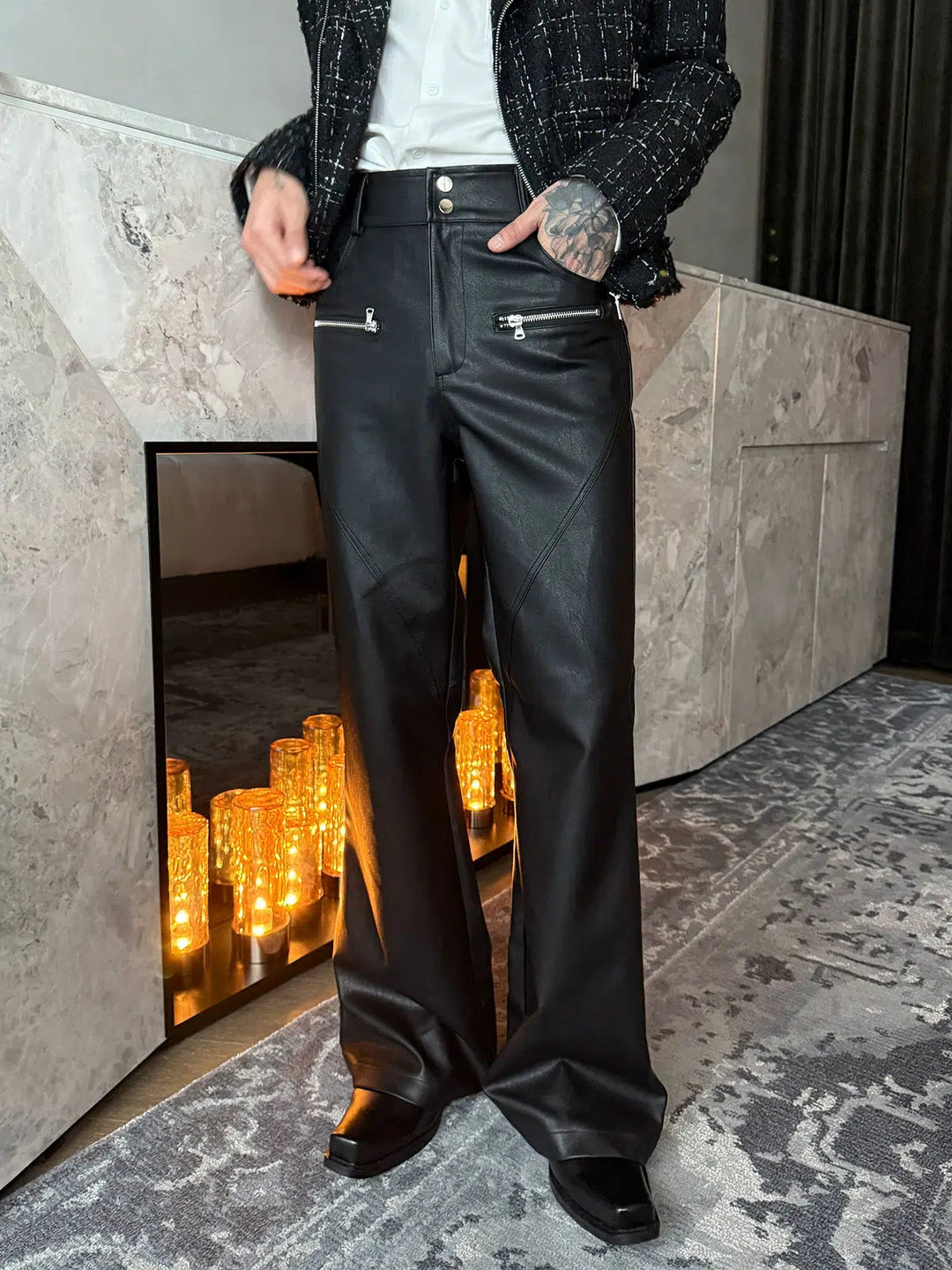 High-Waisted Zipper Leather Pants