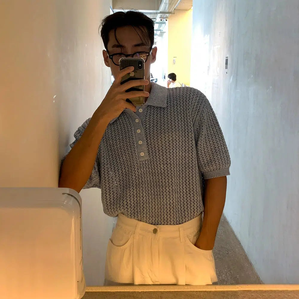 Hollow Short-sleeved Knitted Polo Shirt