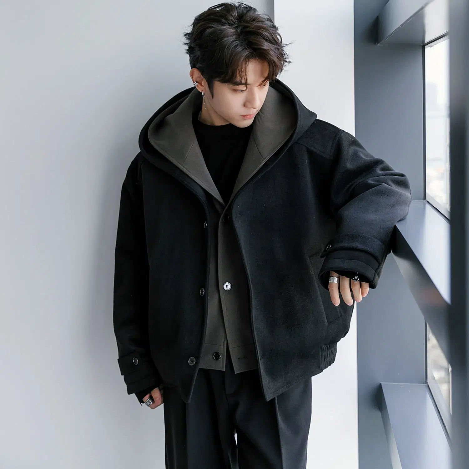 Hooded Wool Coat with Button Closure