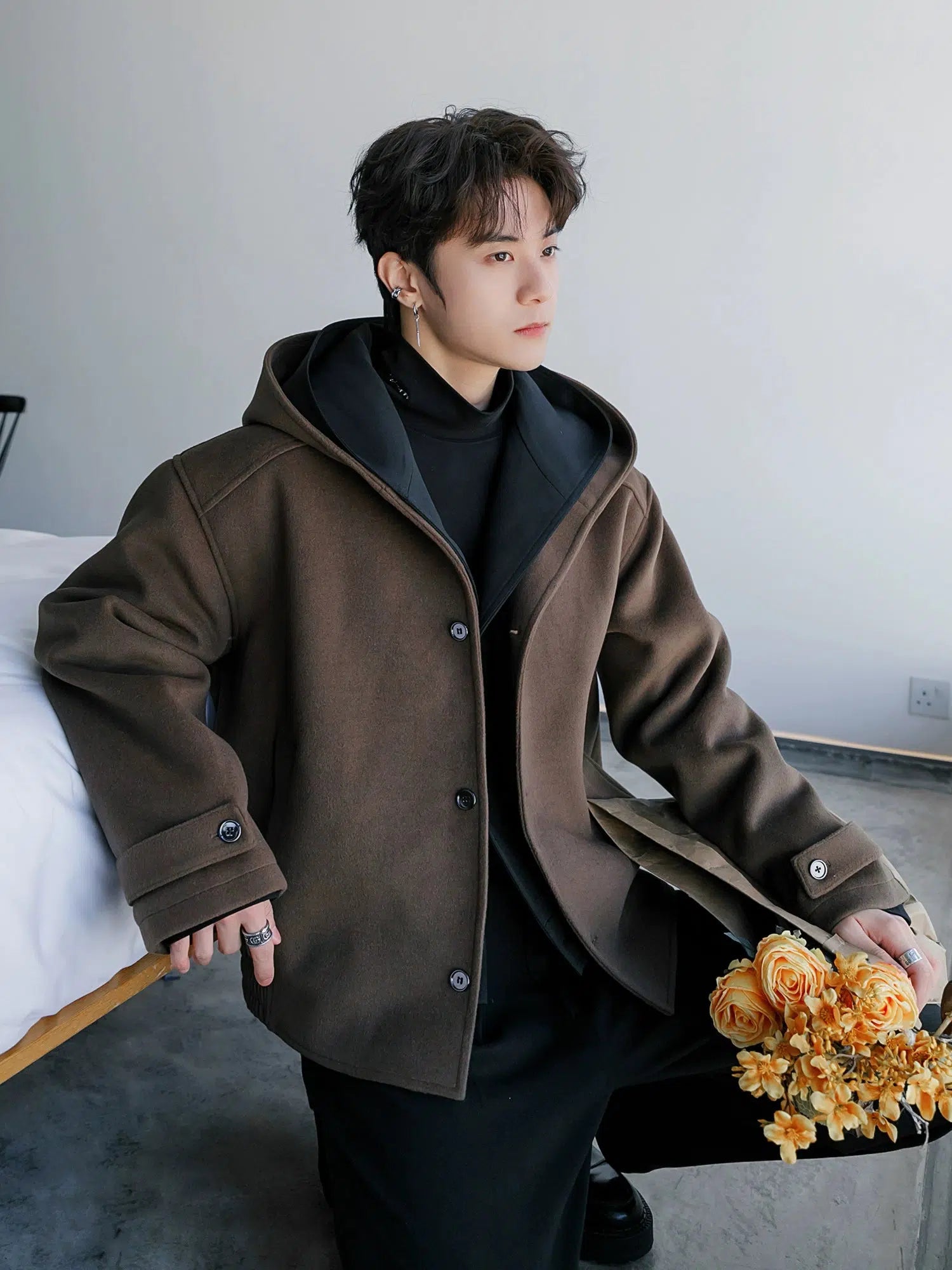 Hooded Wool Coat with Button Closure