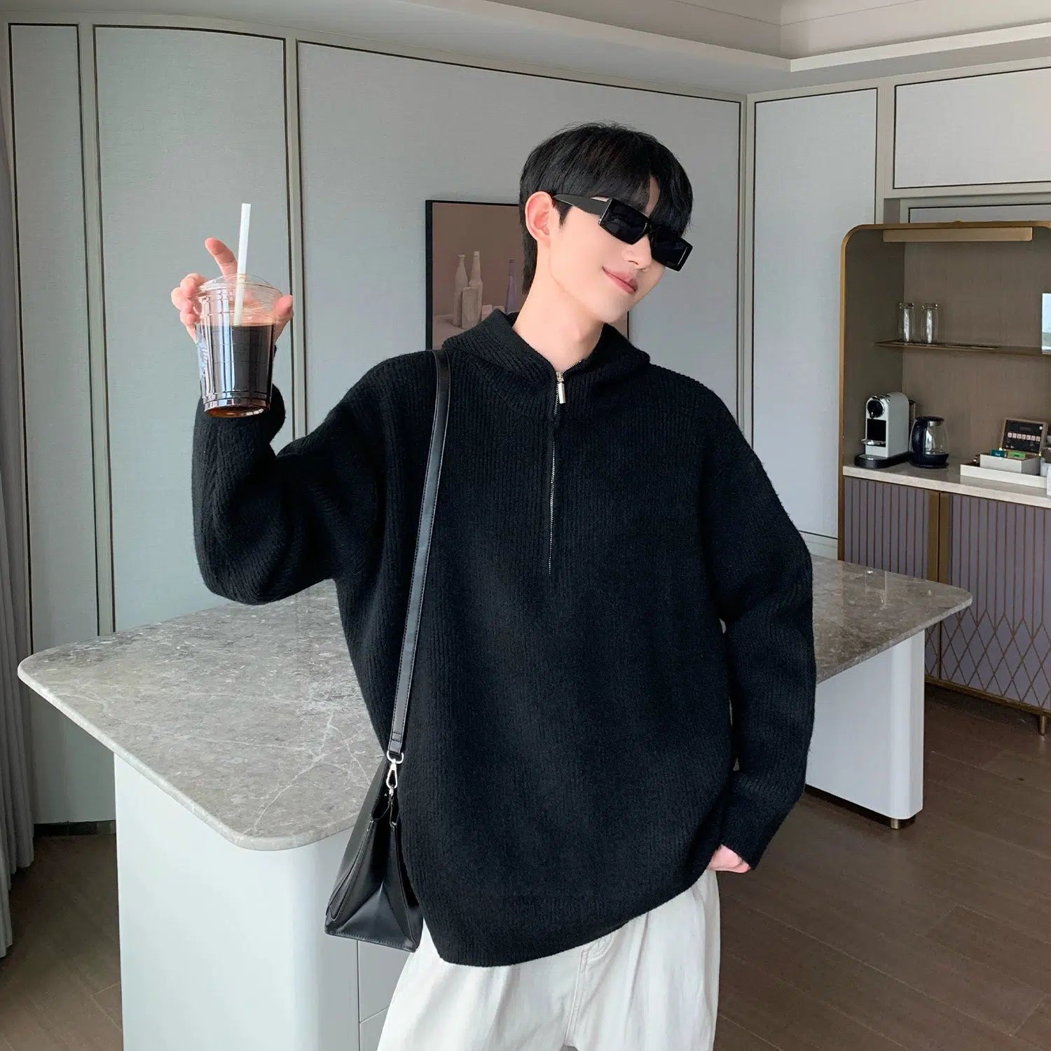 Hooded Zipper Design Knitted Cardigan