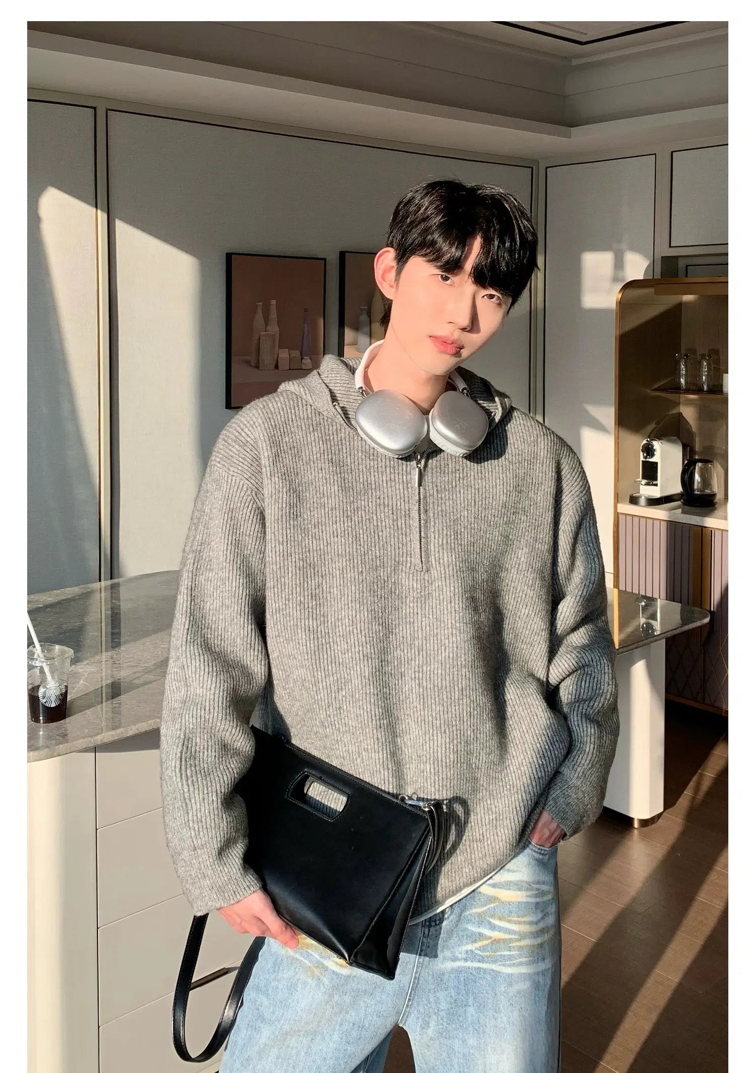 Hooded Zipper Design Knitted Cardigan