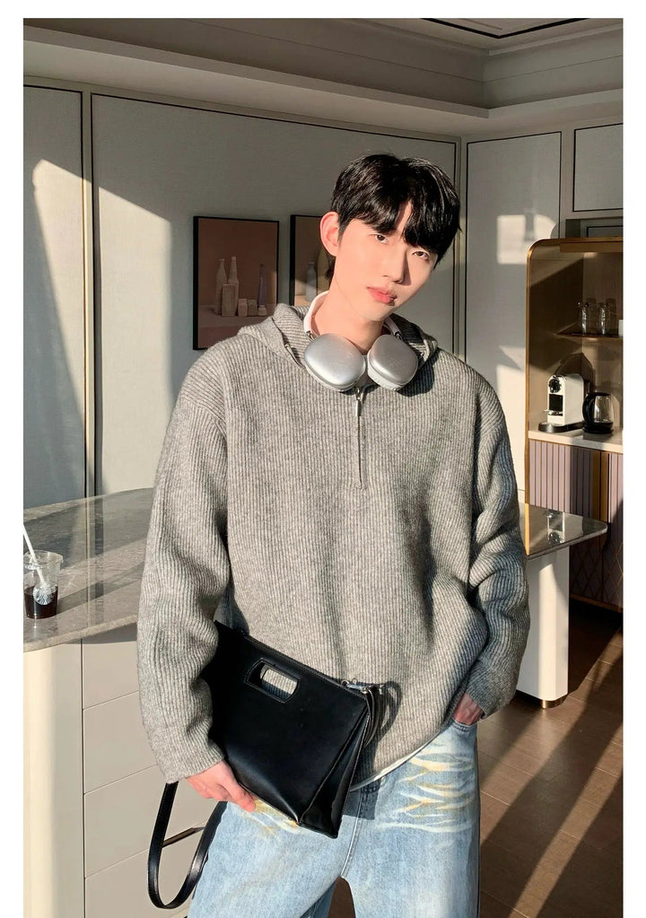 Hooded Zipper Design Knitted Cardigan