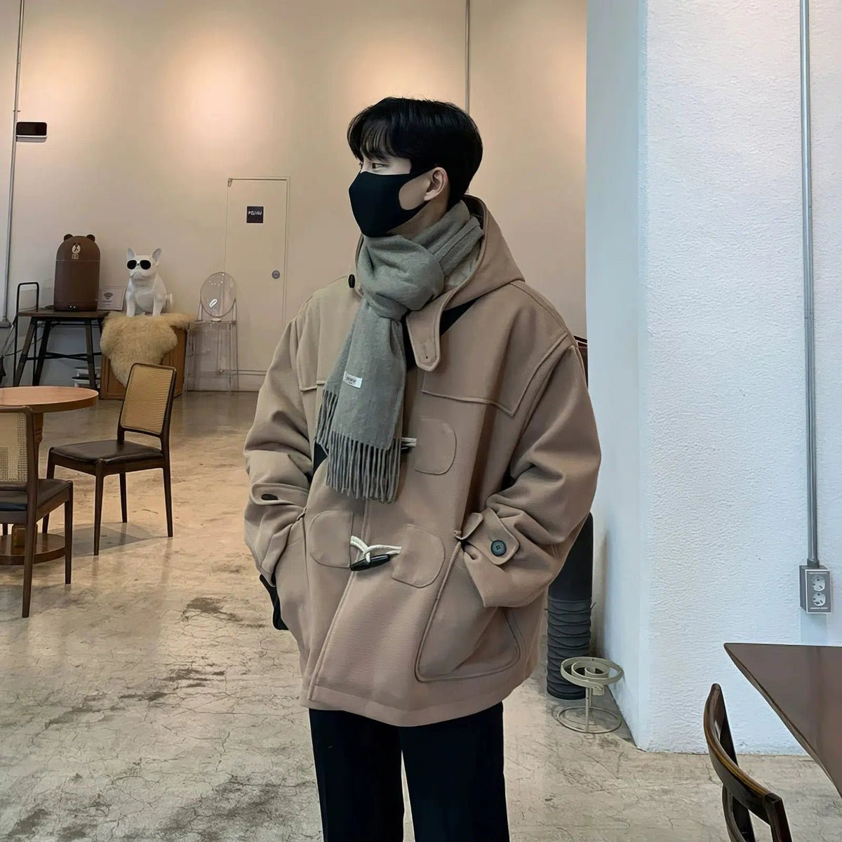 Horn Button Hooded Wool Coat