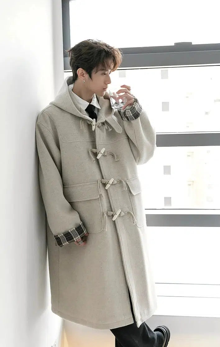 Horn Button Hooded Wool Coat