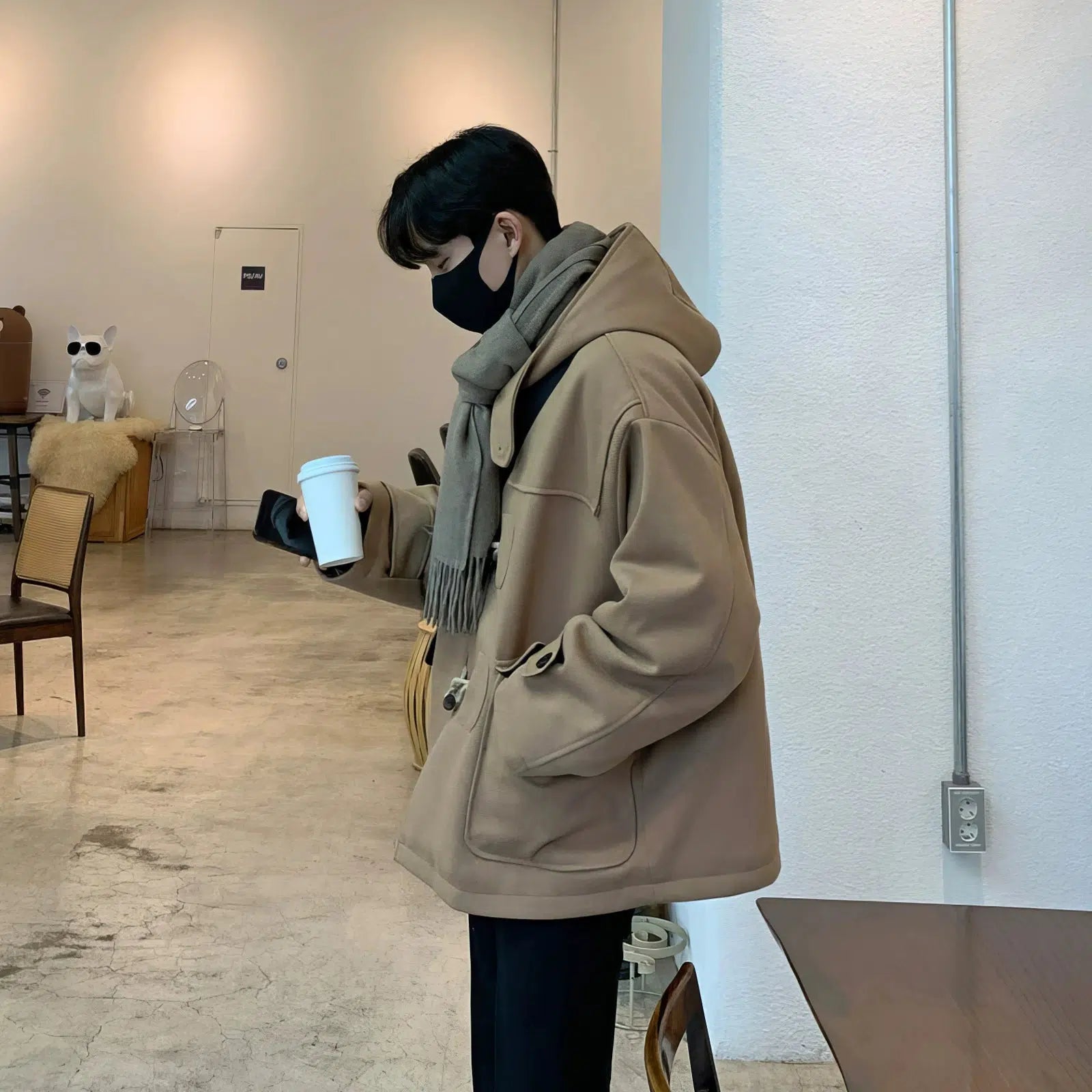 Horn Button Hooded Wool Coat