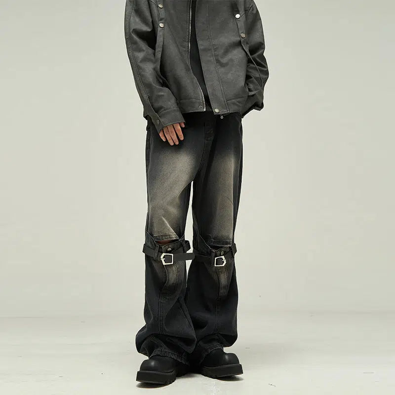Knee Belt Straps Straight-leg Jeans