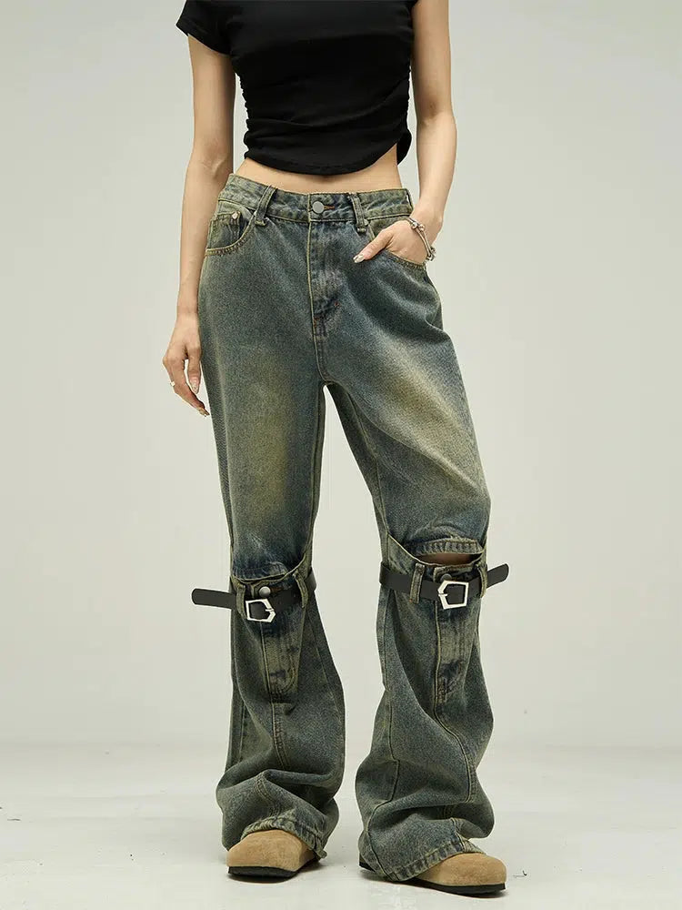 Knee Belt Straps Straight-leg Jeans