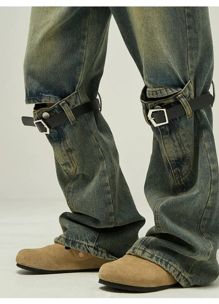 Knee Belt Straps Straight-leg Jeans