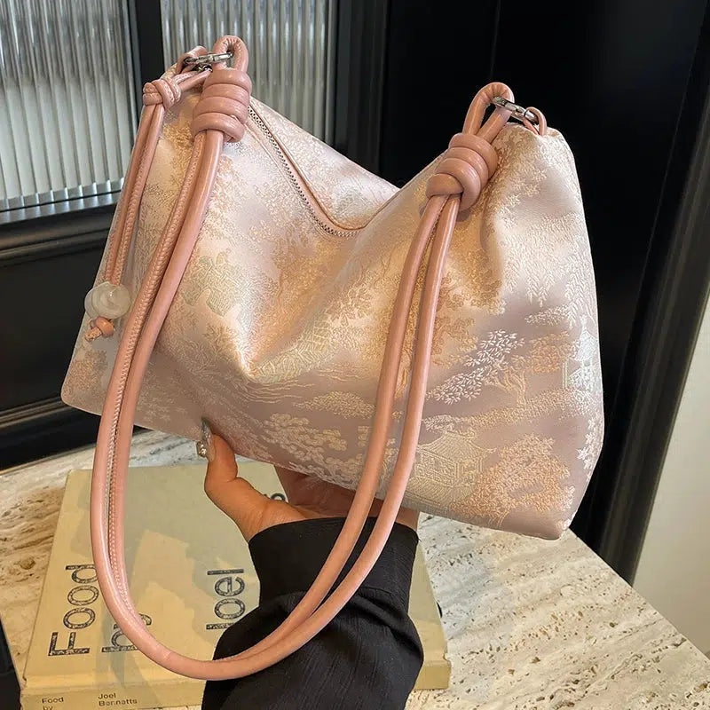 Knot Handle Embroidered Shoulder Bag