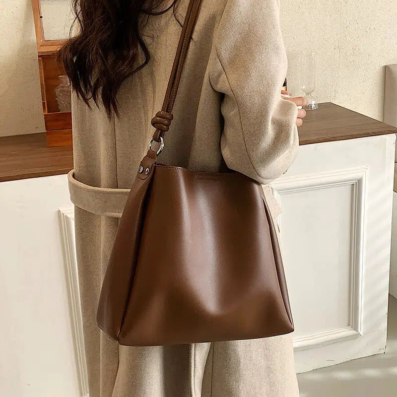 Knotted Strap Leather Bucket Shaped Bag