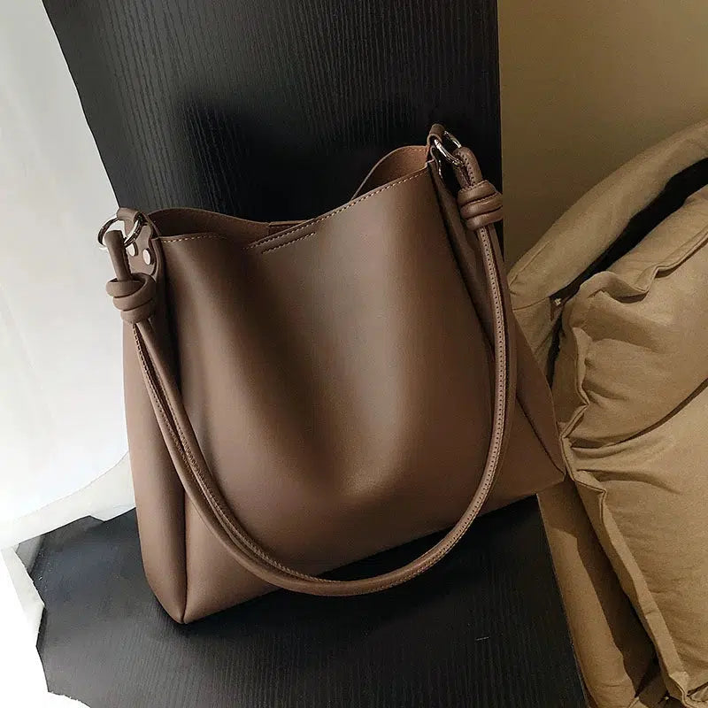 Knotted Strap Leather Bucket Shaped Bag