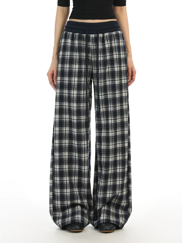 Plaid Elastic Waist Wide Leg Casual Pants 2