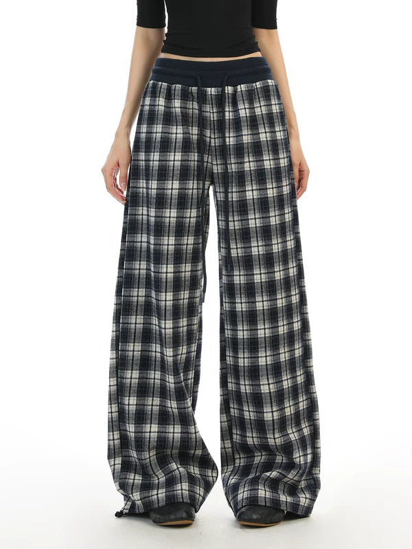 Plaid Elastic Waist Wide Leg Casual Pants 3
