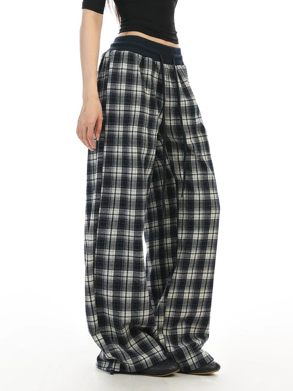 Plaid Elastic Waist Wide Leg Casual Pants 4
