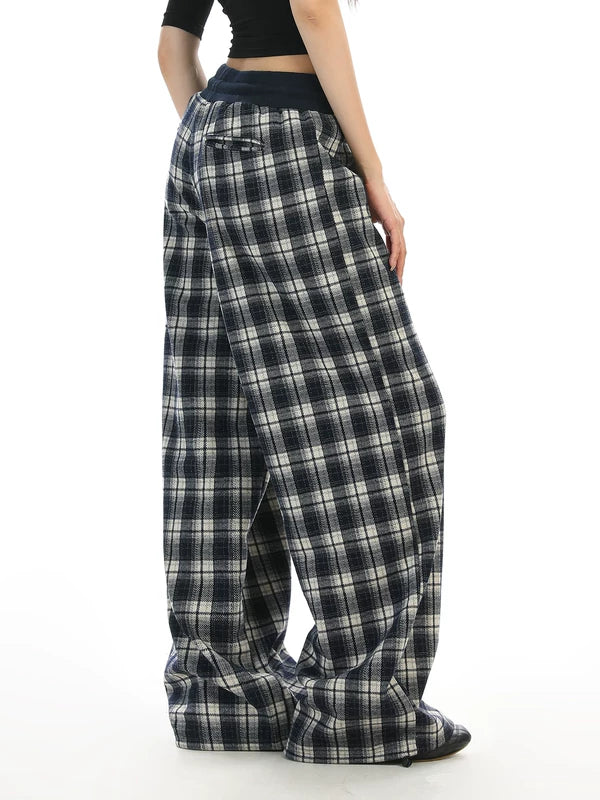 Plaid Elastic Waist Wide Leg Casual Pants 5