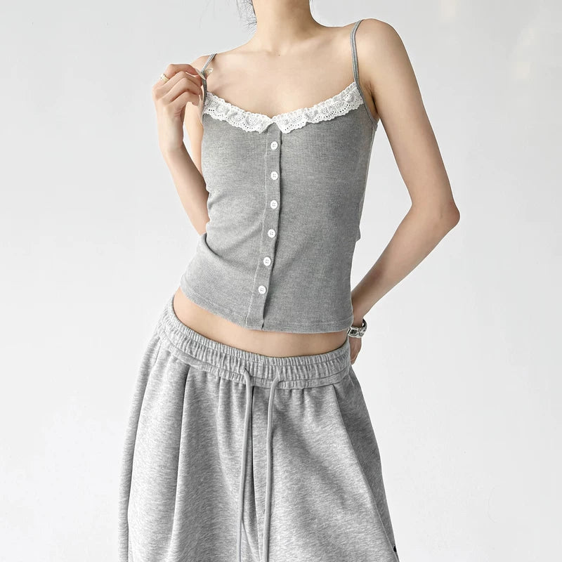 6039549164835, Lace Trim Button Front Camisole Top