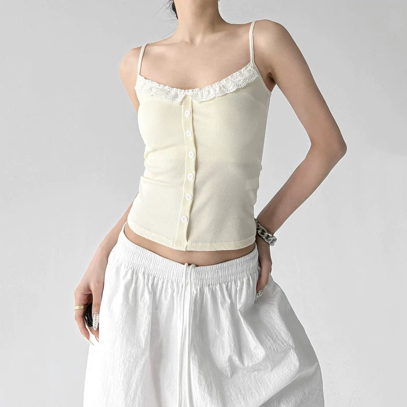 6039549164836, Lace Trim Button Front Camisole Top