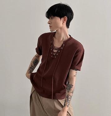 Lace-Up Drawstring V Knitted Top