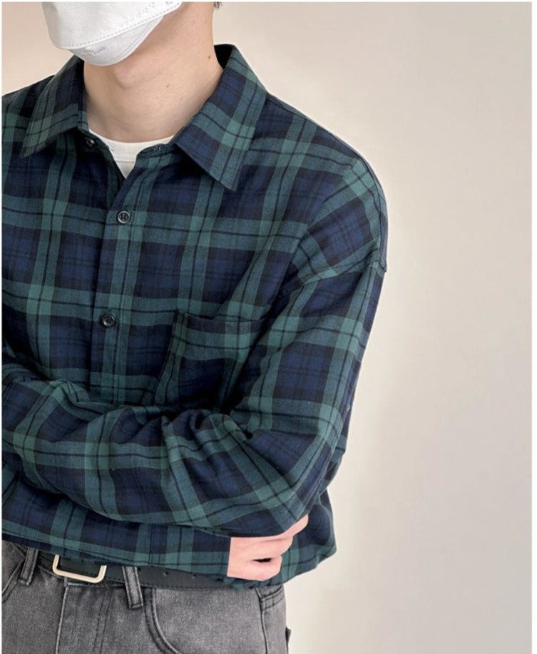 Lapel Long-sleeved Plaid Shirt