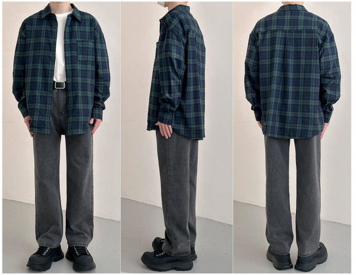 Lapel Long-sleeved Plaid Shirt