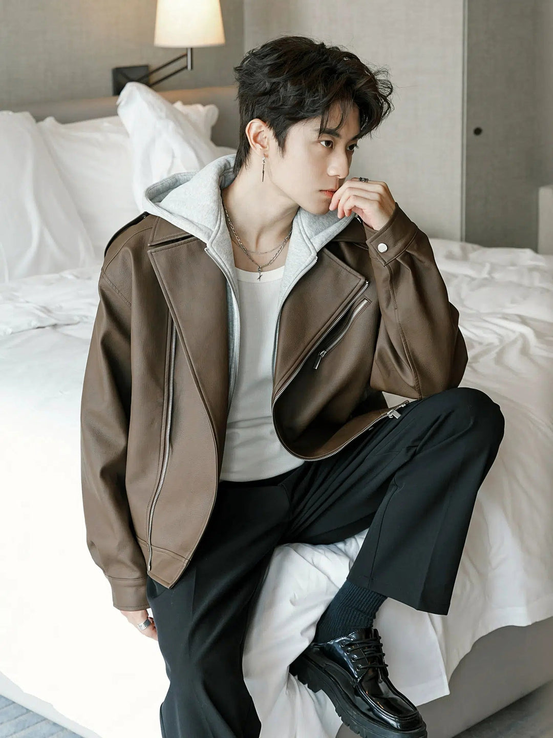 Lapels Hooded Leather Jacket