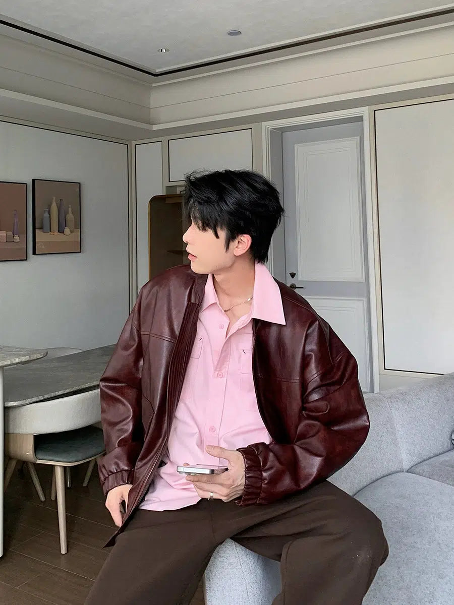 Large Pockets Leather Bomber Jacket